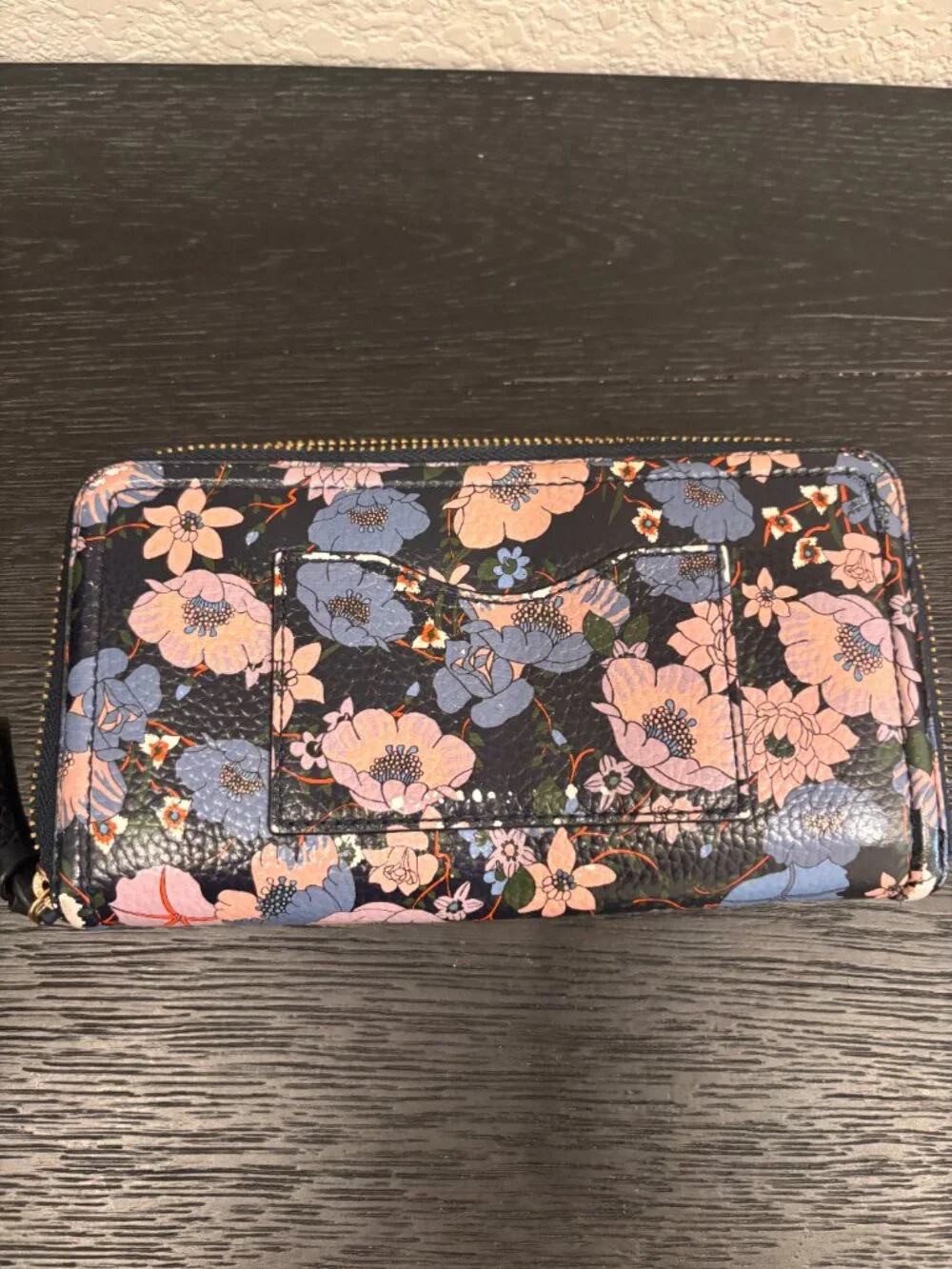 Tory Burch Thea Zip Black Continental Wallet with Blue and Pink Floral Design